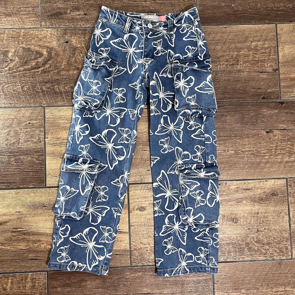 Celebrity Ace Denim Jeans Girls Size 8 Cargo Flare Leg Stretch Butterfly's